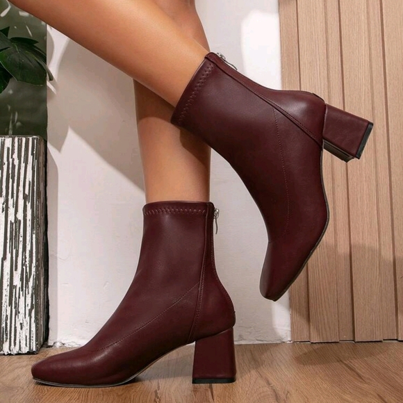 Women's High Heel Square Toe Mid-Calf Boots, French Short Ankle Chelsea Boots - Picture 3 of 6